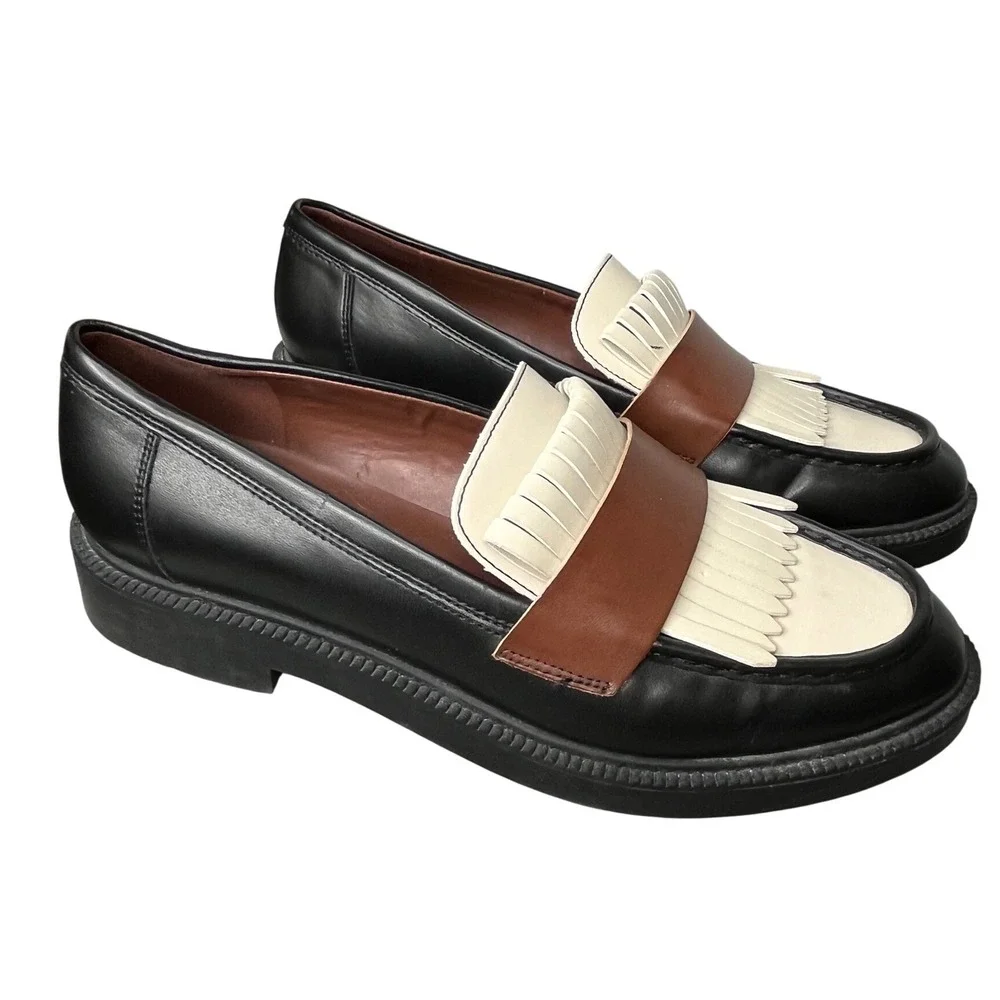 Marc Fisher Calixy Tri Color Kiltie Loafers Size 8M Black Cream‎ Brown Preppy